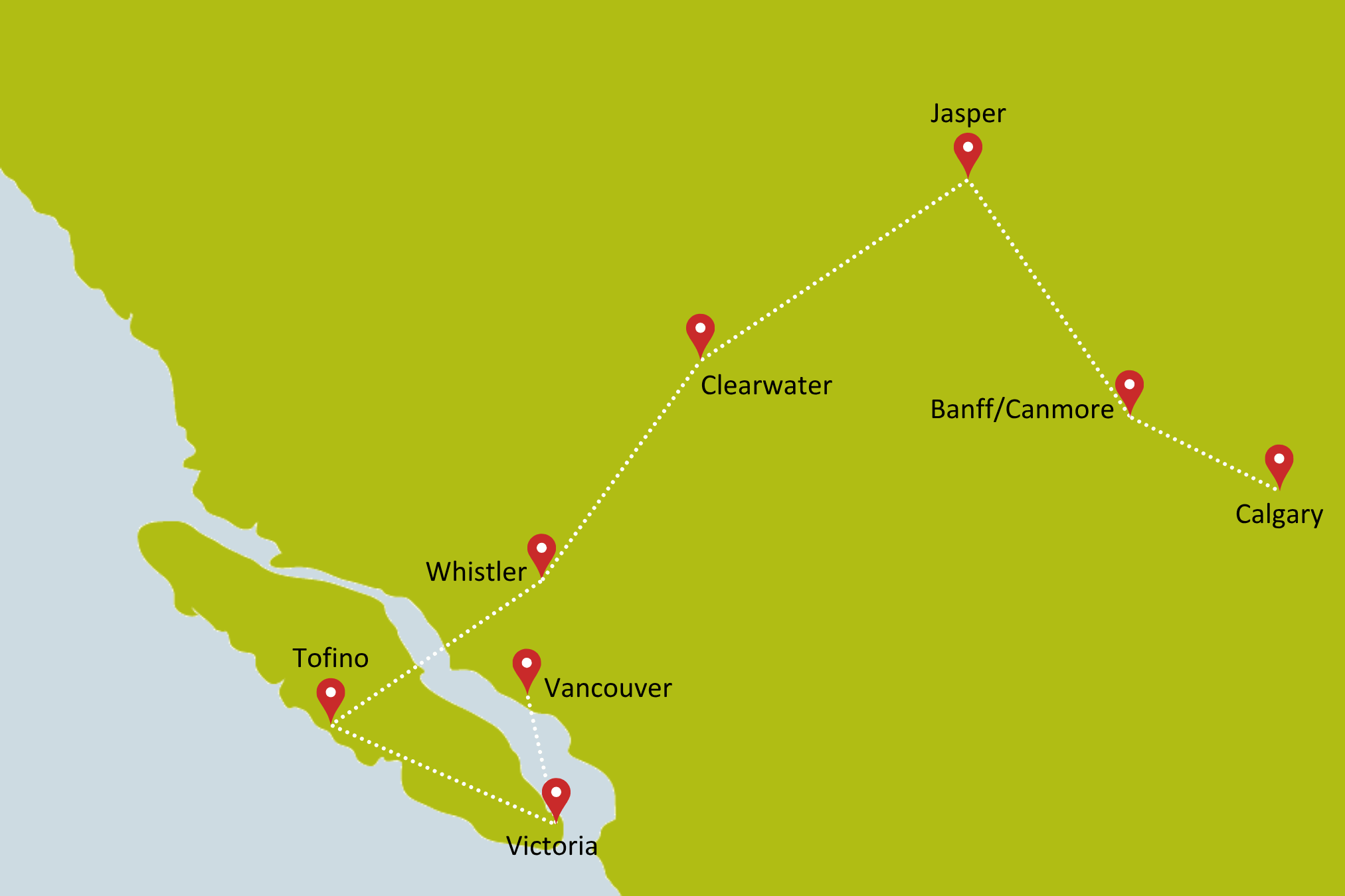 Karte zur Mietwagenrundreise Westkanada für Genießer / Entdecker