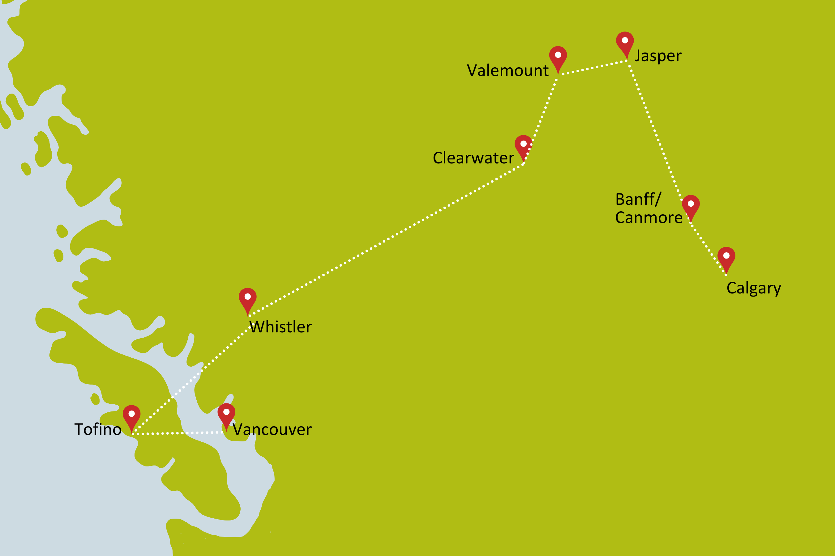 Karte zur Mietwagenrundreise Hike the Rockies