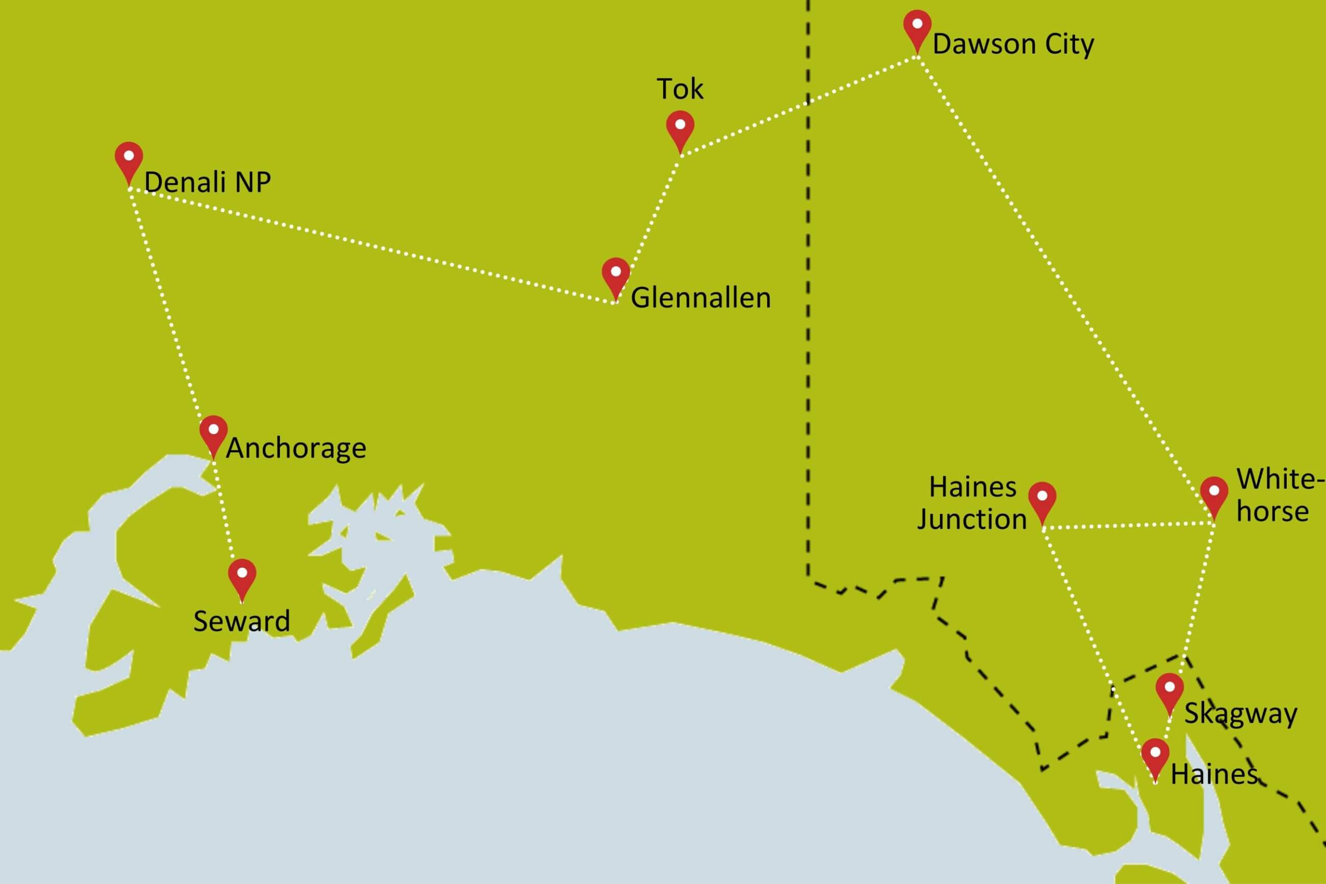 Karte zur Campingrundreise Alaska und Yukon Highlights