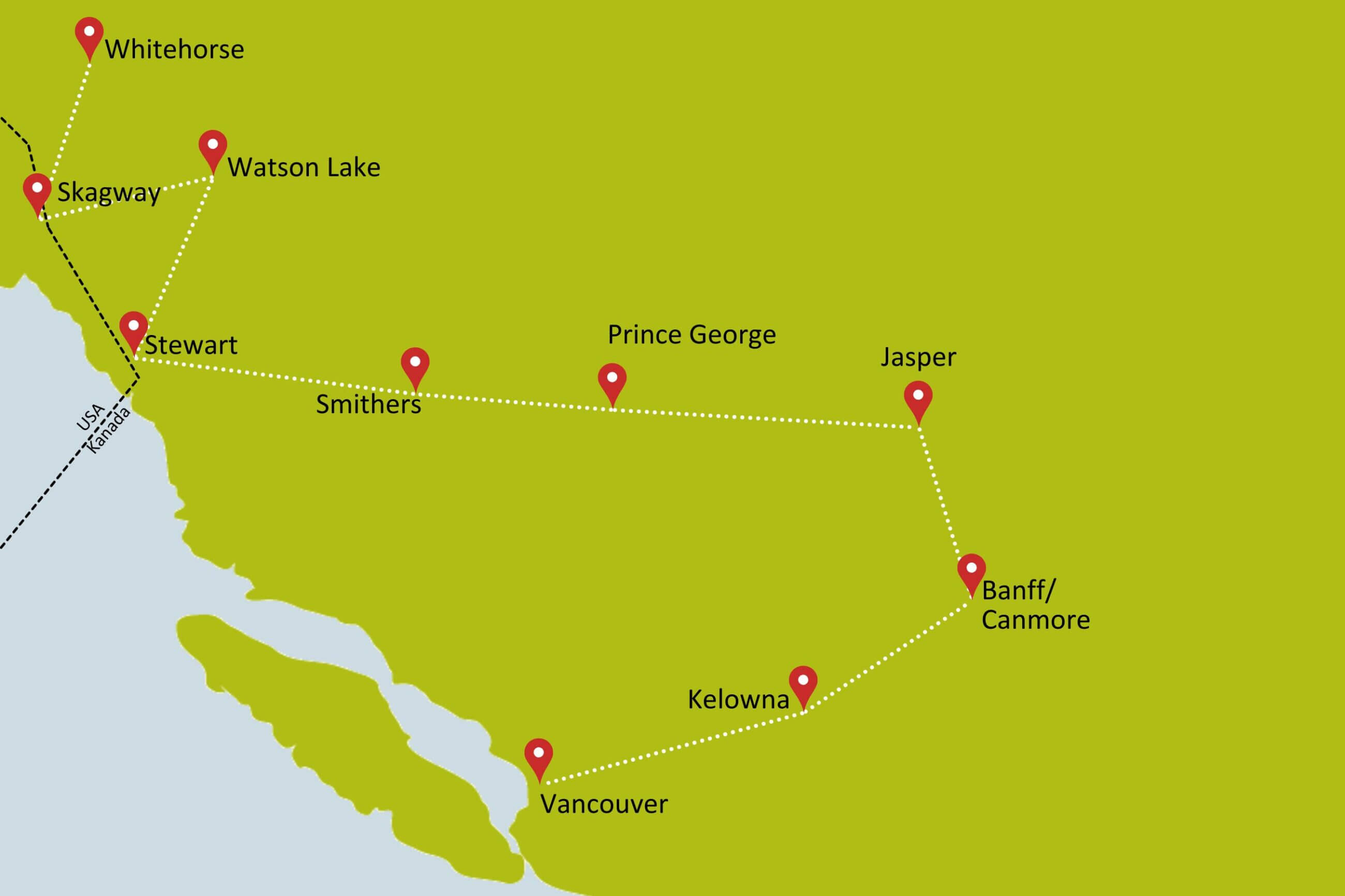 Karte zur Kleingruppenreise Wanderrundreise North to Alaska & Rocky Mountains