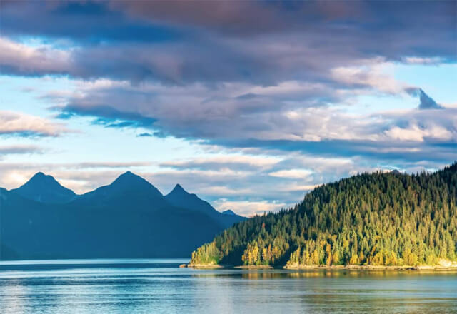 A majestic Alaskan Fjord with sunlit forested island in foreground and dark mountain range.